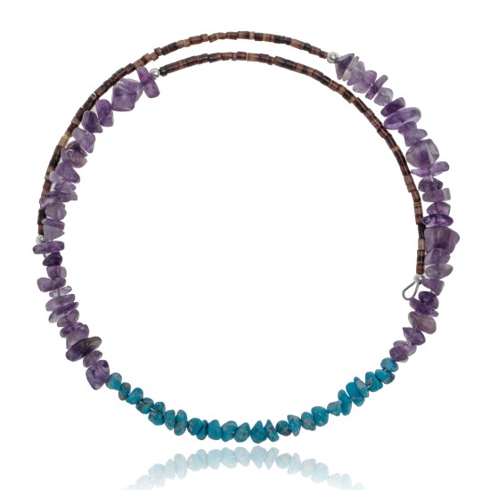 Natural Turquoise and Amethyst Certified Authentic Navajo Native American Adjustable Choker Wrap Necklace Chain 25584