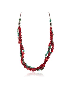 3 Strand Certified Authentic Navajo .925 Sterling Silver Coral Natural Turquoise Twisted Native American Necklace 15937-104