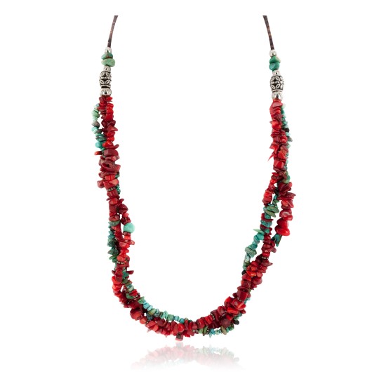 3 Strand Certified Authentic Navajo .925 Sterling Silver Coral Natural Turquoise Twisted Native American Necklace 15937-104