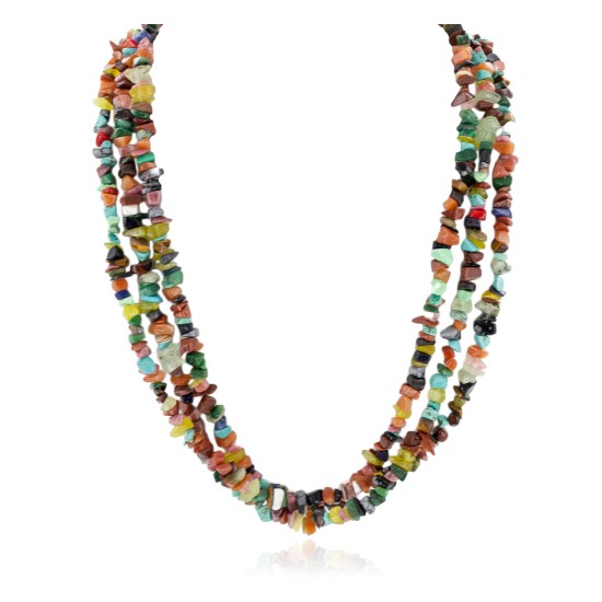 3 Strand Certified Authentic Navajo .925 Sterling Silver Natural Agate and Multicolor Stones Native American Necklace 17069