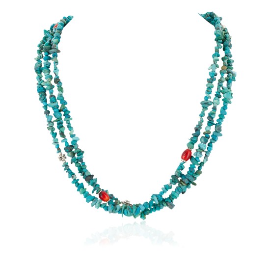 3 Strand Certified Authentic Navajo .925 Sterling Silver Natural Turquoise and Coral Native American Necklace 25281