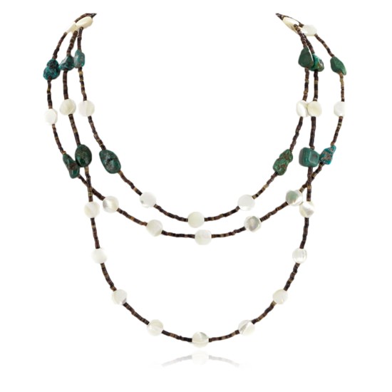 3 Strand Certified Authentic Navajo .925 Sterling Silver Natural Turquoise and Mother of Pearl Native American Necklace 15850-181