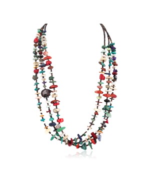 3 Strand Certified Authentic Navajo .925 Sterling Silver Natural Turquoise and Multicolor Stones Native American Necklace 750228