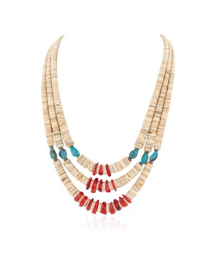3 Strand Certified Authentic Navajo .925 Sterling Silver Natural Turquoise Coral Graduated Melon Shell Native American Necklace 15846-0