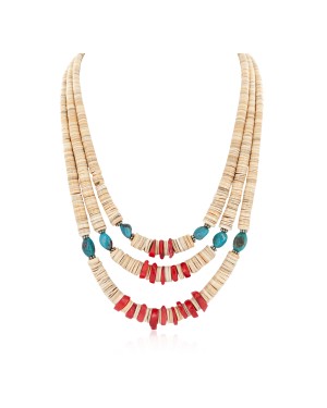 3 Strand Certified Authentic Navajo .925 Sterling Silver Natural Turquoise Coral Graduated Melon Shell Native American Necklace 15846