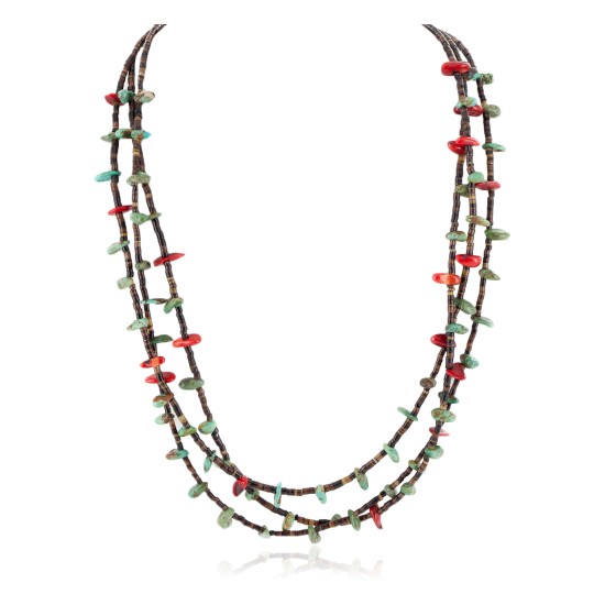 3 Strand Certified Authentic Navajo .925 Sterling Silver Natural Turquoise Coral Heishi Native American Necklace  18108-20