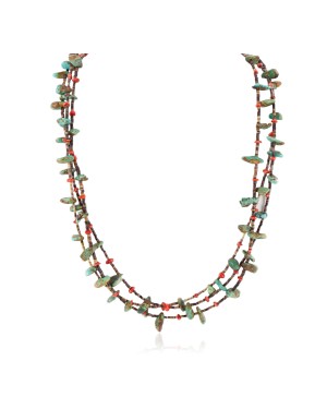 3 Strand Certified Authentic Navajo .925 Sterling Silver Natural Turquoise Coral Heishi Native American Necklace  750107-55