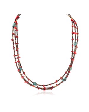 3 Strand Certified Authentic Navajo .925 Sterling Silver Natural Turquoise Coral Native American Necklace 15649-21