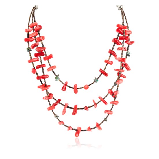 3 Strand Certified Authentic Navajo .925 Sterling Silver Natural Turquoise Coral Native American Necklace 15755-1