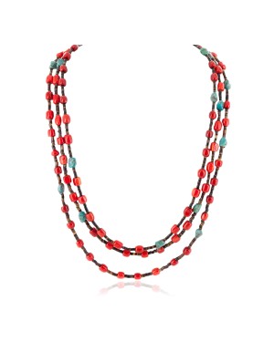 3 Strand Certified Authentic Navajo .925 Sterling Silver Natural Turquoise Coral Native American Necklace 18133-2