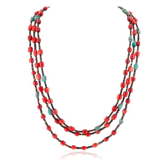 3 Strand Certified Authentic Navajo .925 Sterling Silver Natural Turquoise Coral Native American Necklace 18133-2