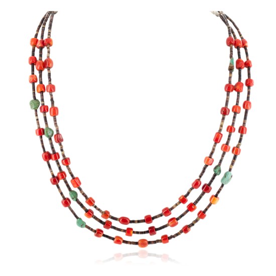 3 Strand Certified Authentic Navajo .925 Sterling Silver Natural Turquoise Coral Native American Necklace 18133-3