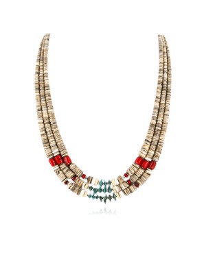 3 Strand Certified Authentic Navajo .925 Sterling Silver Natural Turquoise Coral Spiny Oyster and Graduated Heishi Native American Necklace 25261