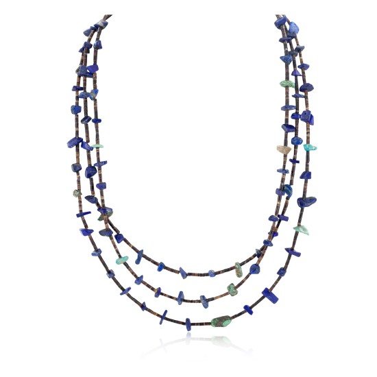 3 Strand Certified Authentic Navajo .925 Sterling Silver Natural Turquoise Lapis Native American Necklace 16094-2