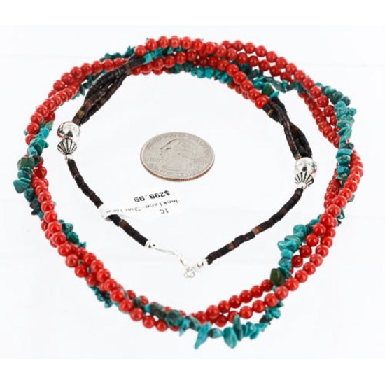 3 Strand Certified Authentic Navajo .925 Sterling Silver Natural Turquoise Native American Necklace 15960
