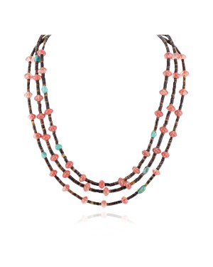 3 Strand Certified Authentic Navajo .925 Sterling Silver Natural Turquoise Pink Quartz Native American Necklace 15297-117