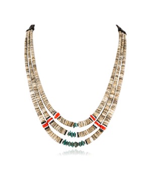 3 Strand Certified Authentic Navajo .925 Sterling Silver Turquoise Coral Spiny Oyster and Graduated Heishi Native American Necklace 15931-7