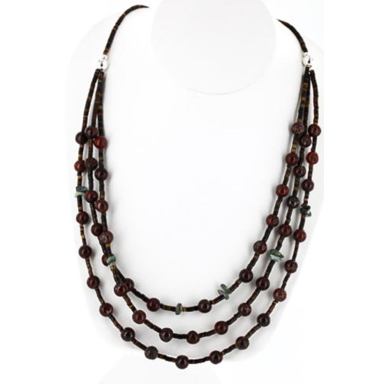Certified Authentic 3 Strand Navajo .925 Sterling Silver Turquoise and Jasper Native American Necklace 15835-12