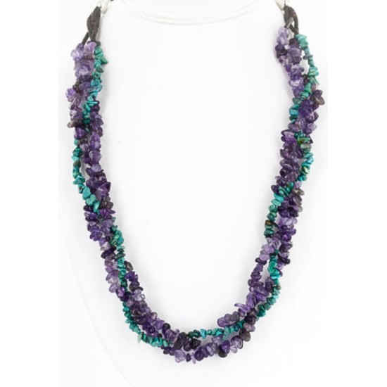 Certified Authentic 3 Strand Navajo .925 Sterling Silver Turquoise and AMETHYST Native American Necklace 15959-102