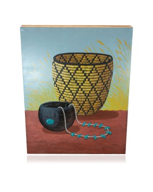$350 Navajo Certified Authentic Basket Painted by Acrylic Native American Painting  10802-2
