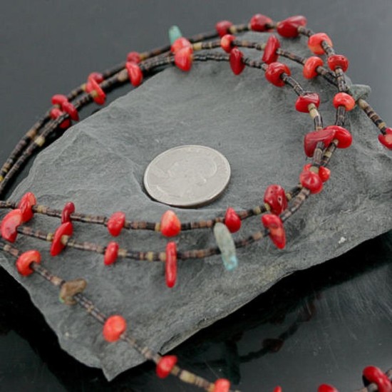 Certified Authentic 3 Strand Navajo .925 Sterling Silver Turquoise and Coral Native American Necklace 15401-7 Certified Authentic 3 Strand Navajo .925 Sterling Silver Turquoise and Coral Native American Necklace 15401-7