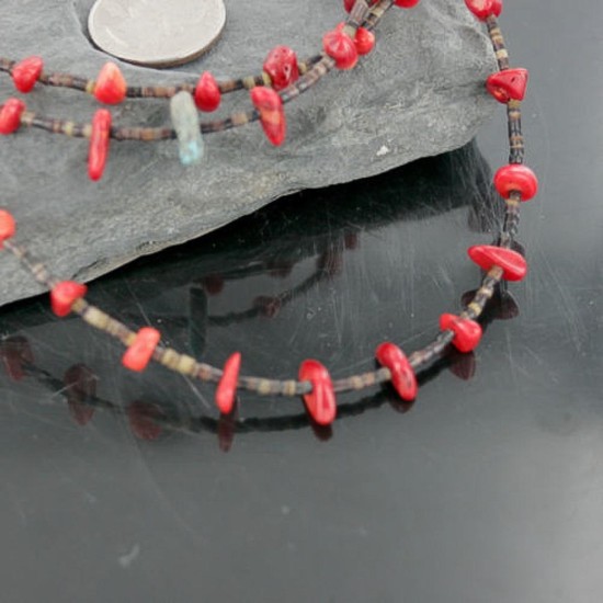 Certified Authentic 3 Strand Navajo .925 Sterling Silver Turquoise and Coral Native American Necklace 15401-7 Certified Authentic 3 Strand Navajo .925 Sterling Silver Turquoise and Coral Native American Necklace 15401-7