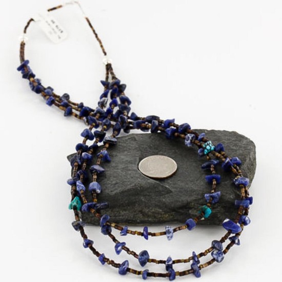 Certified Authentic 3 Strand Navajo .925 Sterling Silver Turquoise and Lapis Native American Necklace 15401-16