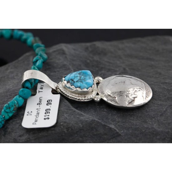 Vintage Style OLD Buffalo Coin Certified Authentic Navajo .925 Sterling Silver Turquoise Native American Necklace 390747263087