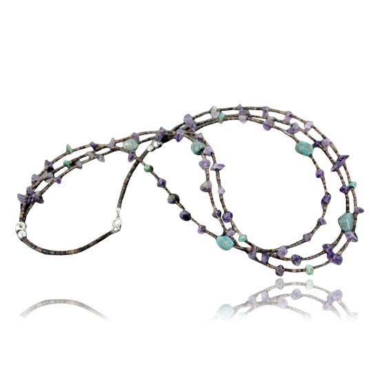 $420 Certified Authentic 3 Strand Navajo .925 Sterling Silver Turquoise and Amethyst Native American Necklace 15585-23