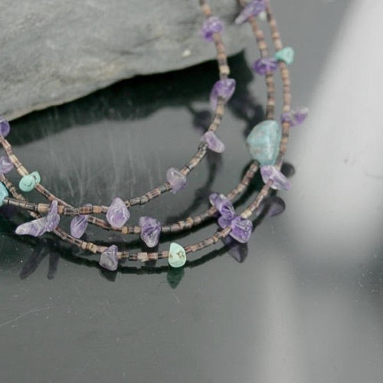 $420 Certified Authentic 3 Strand Navajo .925 Sterling Silver Turquoise and Amethyst Native American Necklace 15585-23