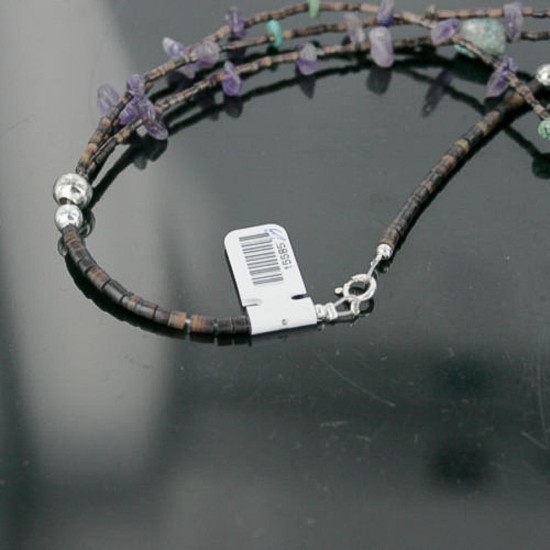 $420 Certified Authentic 3 Strand Navajo .925 Sterling Silver Turquoise and Amethyst Native American Necklace 15585-23