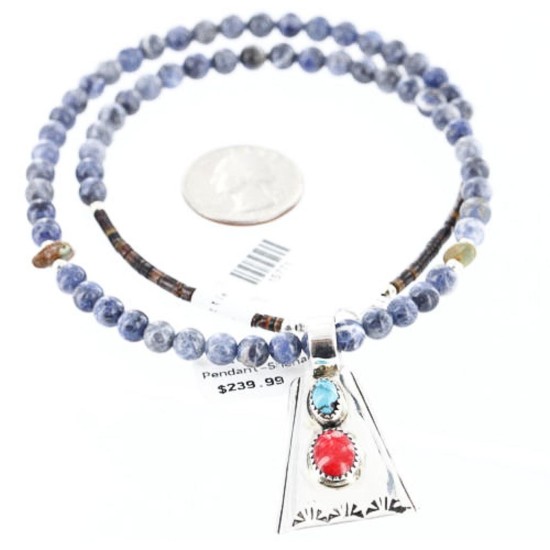 .925 Sterling SilverHandmade Certified Authentic Navajo Turquoise and Coral Native American Necklace 371007057655