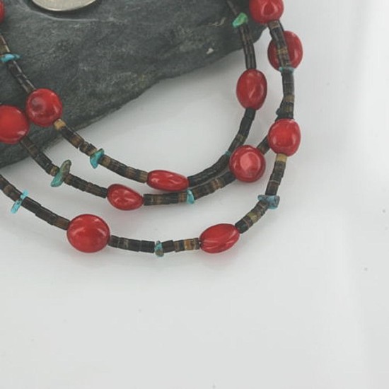 Certified Authentic 3 Strand Navajo .925 Sterling Silver Turquoise and Coral Native American Necklace 390662436706