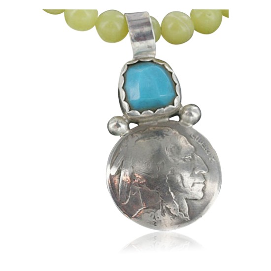 $450 Vintage Style OLD Buffalo Coin Certified Authentic Navajo .925 Sterling Silver Turquoise Native American Necklace 370923880921