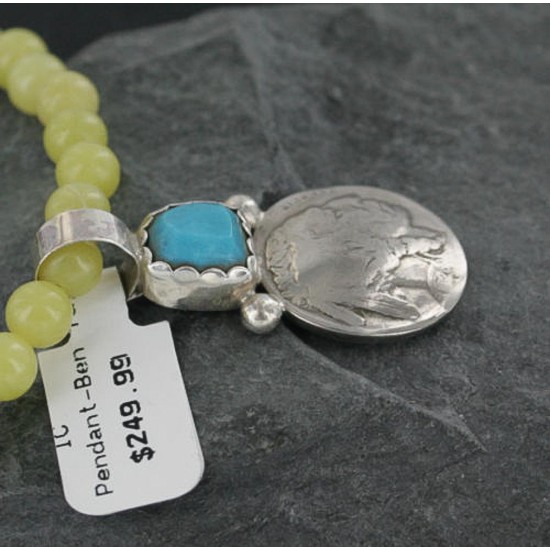 $450 Vintage Style OLD Buffalo Coin Certified Authentic Navajo .925 Sterling Silver Turquoise Native American Necklace 370923880921
