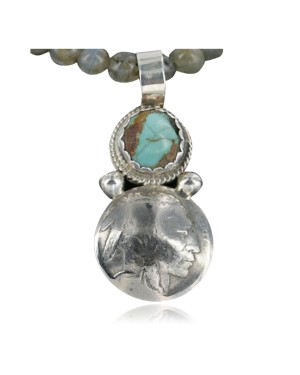 $450 Vintage Style OLD Buffalo Coin Certified Authentic Navajo .925 Sterling Silver Turquoise Native American Necklace 390689758816