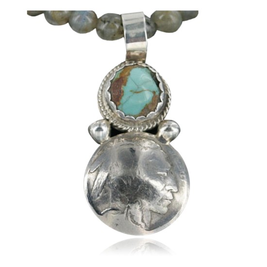 $450 Vintage Style OLD Buffalo Coin Certified Authentic Navajo .925 Sterling Silver Turquoise Native American Necklace 390689758816