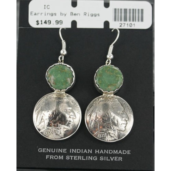 $450 Vintage Style OLD INDIAN HEADCertified Authentic Navajo .925 Sterling Silver Turquoise Native American Earrings 370926061579