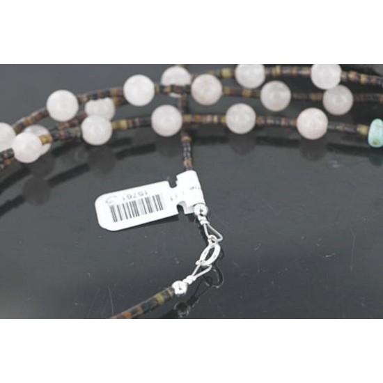 $470 Certified Authentic 3 Strand C Litlte Navajo .925 Sterling Silver and Turquoise, Quartz Native American Necklace 15761-3