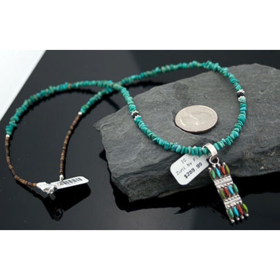 Petit Point Handmade Certified Authentic Zuni .925 Sterling Silver Multicolor Stone and Turquoise Native American Necklace 370883170307