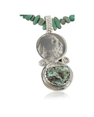 $470 Vintage Style OLD Buffalo Coin Certified Authentic Navajo .925 Sterling Silver Turquoise Native American Necklace 370926273611