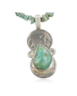 $470 Vintage Style OLD Buffalo Coin Certified Authentic Navajo .925 Sterling Silver Turquoise Native American Necklace 390682157482