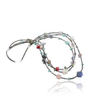 $480 Fetish Bear Certified Authentic 3 Strand Navajo .925 Sterling Silver Turquoise and Multi Color Stones Native American Necklace 750106-56