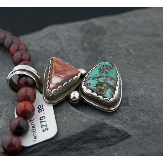 Handmade Certified Authentic Navajo .925 Sterling Silver Natural Spiny Oyster and Turquoise Native American Necklace 370880416604