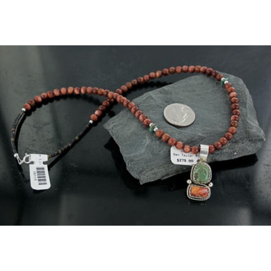 Handmade Certified Authentic Navajo .925 Sterling Silver Natural Spiny Oyster and Turquoise Native American Necklace 390684970135