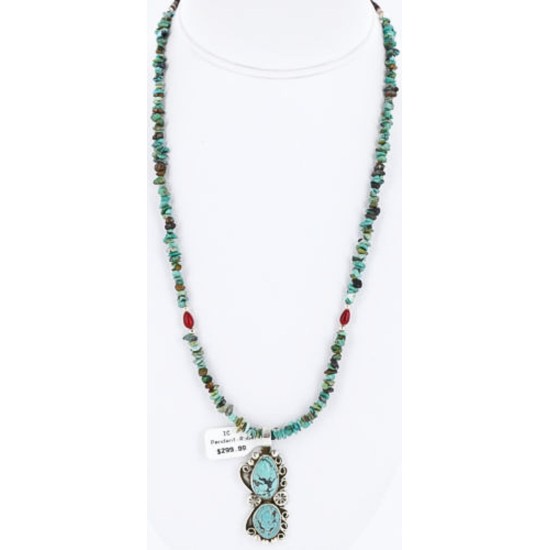 Handmade Certified Authentic Navajo .925 Sterling Silver Natural Turquoise and Coral Native American Necklace & Pendant 390794853864