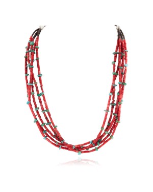 5 Strand Certified Authentic Navajo .925 Sterling Silver Coral and Natural Turquoise Native American Necklace  25278-78