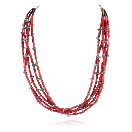 5 Strand Certified Authentic Navajo .925 Sterling Silver Coral and Natural Turquoise Native American Necklace  25278-78