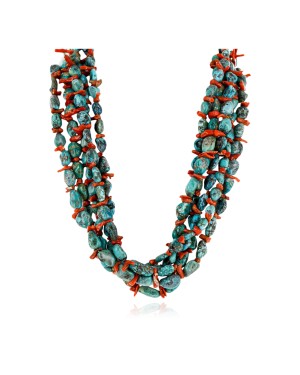 5 Strand Navajo Natural Turquoise and Mediterranean Coral Native American Necklace 15737-0