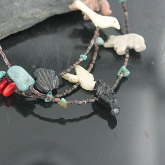 $500 Carved Fetish Certified Authentic 3 Strand Navajo .925 Sterling Silver MultiColor Stones and Turquoise Native American Necklace 370920454832